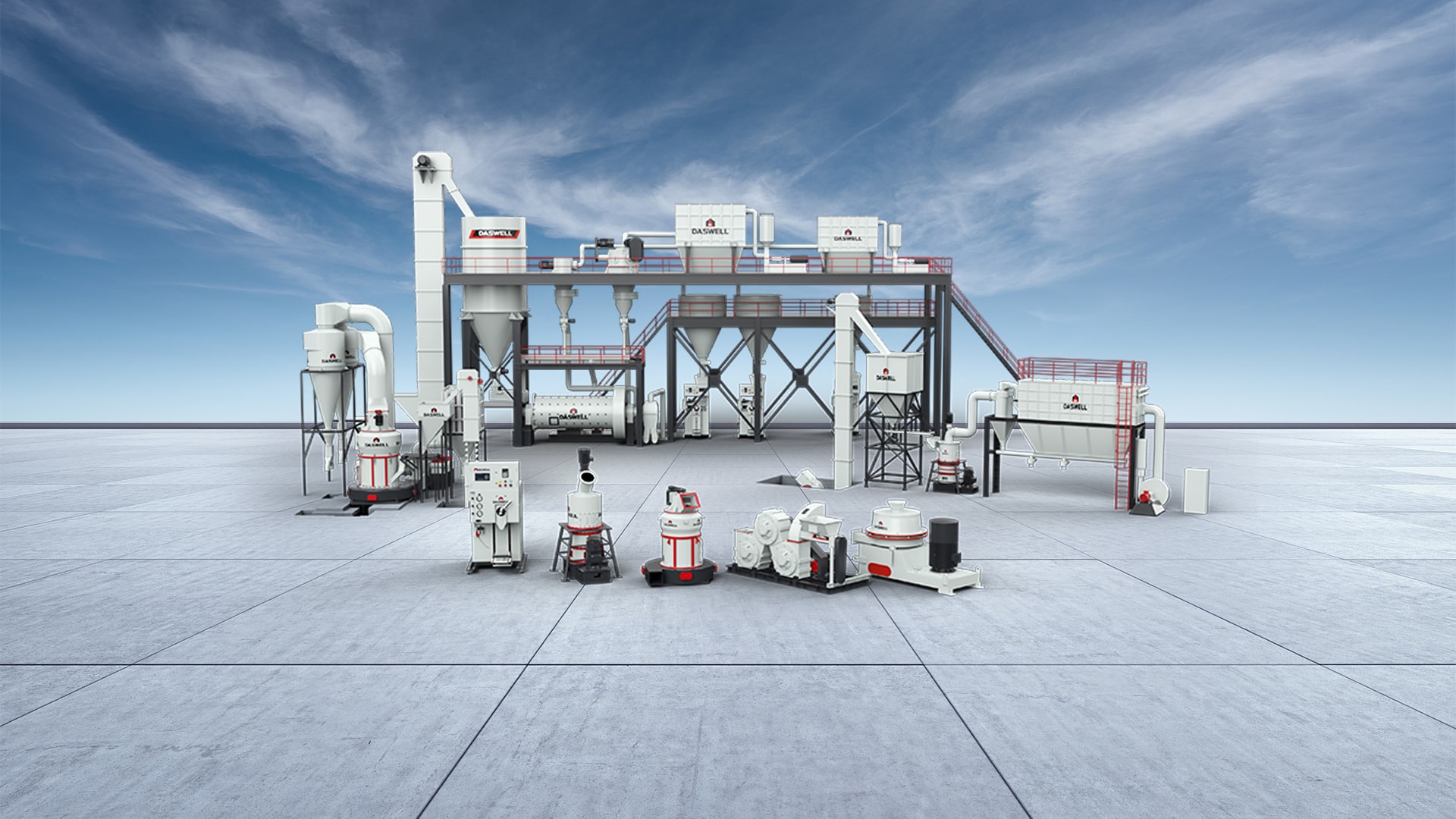 Daswell full powder processing system with grinding mills, classifiers, coating machine, dust collector and complete elevated plant structure for mineral powder production. Daswell full powder processing system with grinding mills, classifiers, coating machine, dust collector and complete elevated plant structure for mineral powder production.