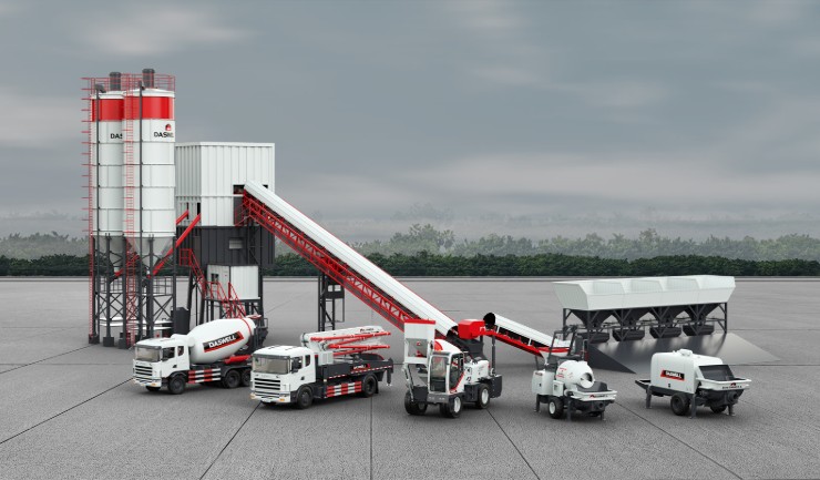 Concrete batching plant with mixer trucks, concrete pumps and construction equipment Concrete batching plant with mixer trucks, concrete pumps and construction equipment