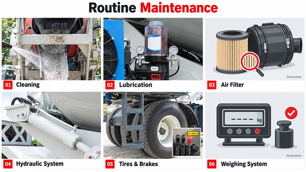 Daily self loading concrete mixer maintenance Daily Self Loading Concrete Mixer Maintenance