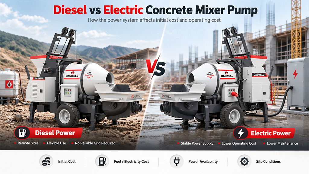Diesel vs electric concrete mixer pump Diesel vs Electric Concrete Mixer Pump