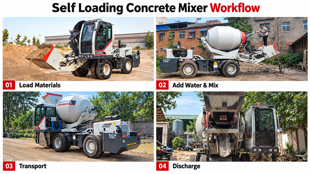Step-by-step self loading concrete mixer operation Step-by-Step Self Loading Concrete Mixer Operation